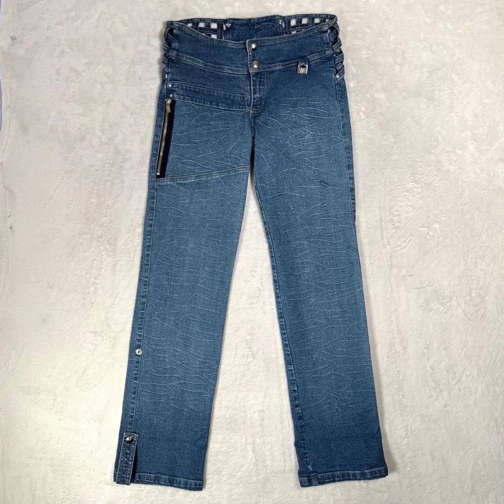 Y2K‎ 90s Cut Out Caged Waist Low Rise Jeans 4 2 Cuffed Convertible Rave Vintage
